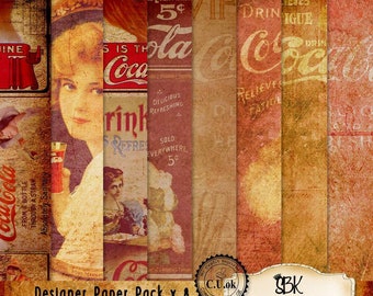 Coca Cola Vintage papers Commercial Use ok. Digital Scrapbooking Papers designer pack CU