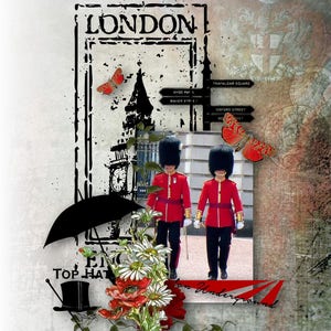 LONDON ALIVE : Scrapbooking Kit, Big Ben,London Eye,London Bridge,Palace guards,busby,old telephone box,E11R post box,London taxi, bus tours