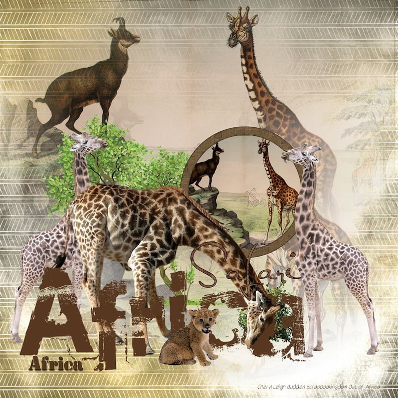 May include: A vintage-style illustration of an African safari with giraffes, a lion cub, and a mountain goat. The image features a brown and tan background with a text overlay that reads "Safari Africa".