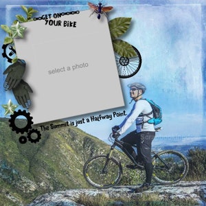 Radfahren thematisches Scrapbook Kit - On Ya Bike , Räder, Zahnräder, Schlamm, Reifen, Wasserflasche und Radfahren Embiees 14 Papiere - 66 Verzierungen