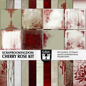 Op de afbeelding: Een digitale scrapbookingkit met 19 papieren en 59 versieringen met een kersroos-thema. De kit bevat een verscheidenheid aan texturen en patronen in tinten rood, wit en beige.