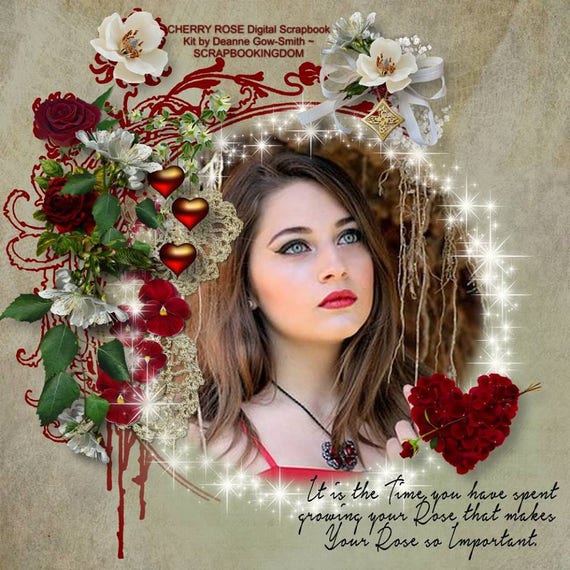 CHERRY ROSE scrapbook Kit , red roses galore  cluster frames, flourishes, sparkle dust, hearts, foliage. Feminine theme,19 Papers &  59 emb