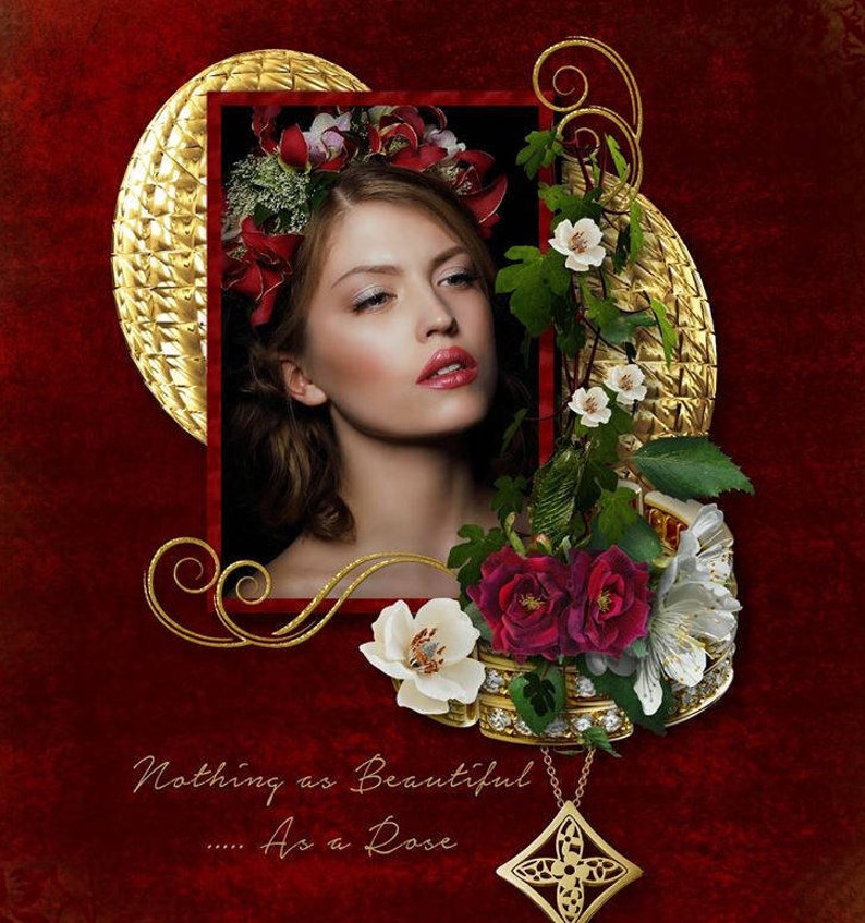 Op de afbeelding: Een vrouw met een kroon van rode rozen is ingelijst in een gouden, sierlijk kader. Het kader is omgeven door witte en rode rozen en groene bladeren. De tekst "Nothing as Beautiful... As a Rose" staat onderaan de afbeelding.