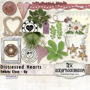 Romantic Love Scrapbook Kit DISTRESSED HEARTS ,hearts,flowers,foliage,clocks, ribbons, buttons, frames, Wedding Scrapbook or Engagement image 4