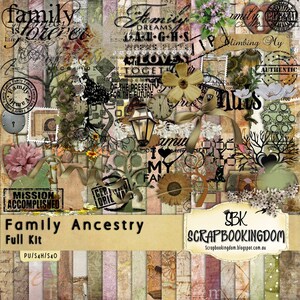 May include: A vintage-themed scrapbook kit named "Family Ancestry". The design incorporates floral elements, stamps, clocks, and handwritten text. The colour scheme includes beige, brown, and green tones, with the text "Family Ancestry Full Kit".