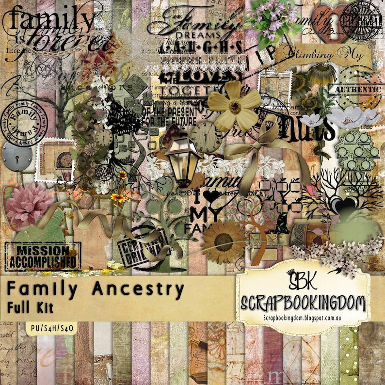 May include: A vintage-themed scrapbook kit named "Family Ancestry". The design incorporates floral elements, stamps, clocks, and handwritten text. The colour scheme includes beige, brown, and green tones, with the text "Family Ancestry Full Kit".