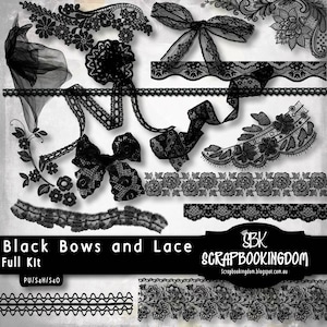 May include: Black bows and lace digital scrapbooking kit with a variety of designs, including bows, ribbons, and borders.  The kit is perfect for adding a touch of elegance to your projects.