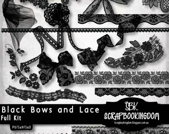 LACE Scrapbooking Verzierungen Black Bows n Lace Pack schwarze Spitze wirbelt und schwarze Bänder PU. alle 300 DPI für den Druck. png transparent