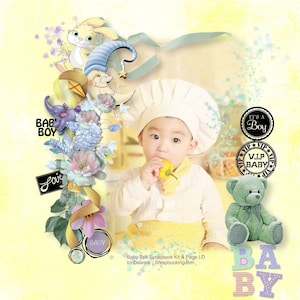 Op de afbeelding: Een babyjongen met een witte koksmuts eet een gele paprika. De afbeelding is omringd door een scrapbook-achtige rand met bloemen, een teddybeer en de woorden "Baby Boy", "Love", "V.I.P Baby", "It's a Boy" en "Baby".