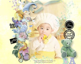 BABY TALK digital Scrapbooking Kit soft toys, clipart, bows, butons, baby bottle, pacifier, stamps, baby sayings, printable for papercrafts