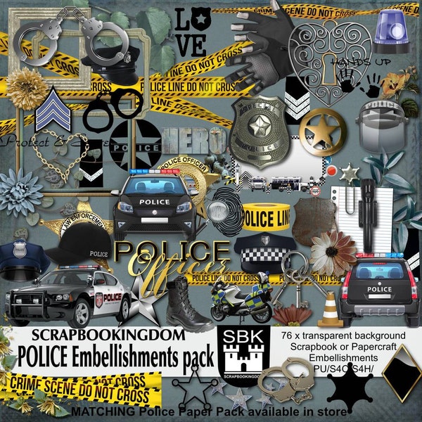POLICE Digital scrapbook kit. 76 Digital ClipArt embellishments - theme law enforcement includes 12 Matching papers