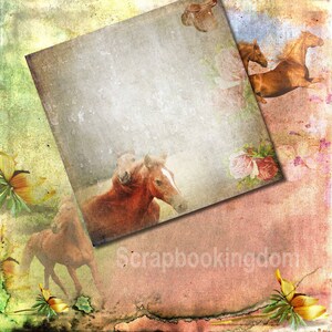 May include: A vintage-style scrapbook paper with a distressed background featuring a faded floral pattern and a white rectangle with two brown horses. The text "Scrapbookingkingdom" is visible in the bottom right corner.