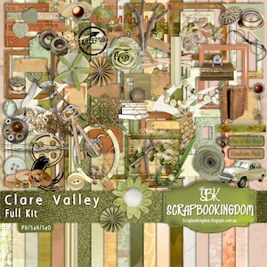 Scrapbook Kit Masculine and Feminine embellishments CLARE VALLEY , full digital scrapbooking kit foliage, jewelery, frames, buttons, books image 1