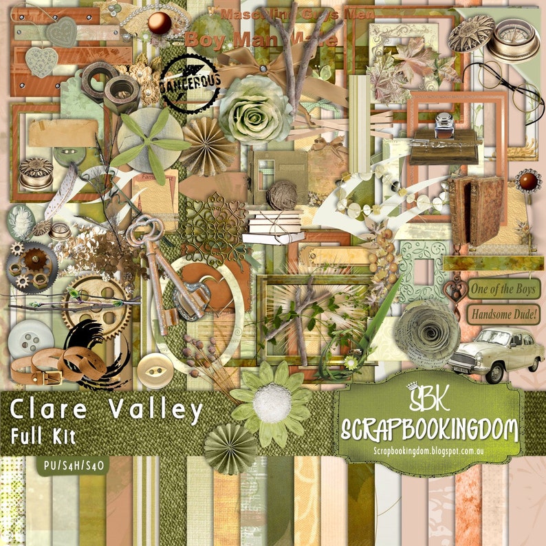 Scrapbook Kit Masculine and Feminine embellishments CLARE VALLEY , full digital scrapbooking kit foliage, jewelery, frames, buttons, books image 1