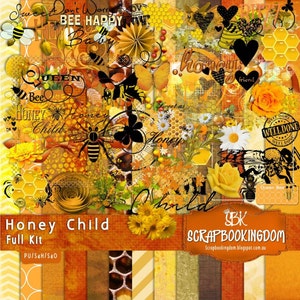May include: A digital scrapbook kit with a honey bee theme. The kit includes a variety of images, papers, and elements in yellow, orange, and brown colours. The text "Honey Child Full Kit" is visible in the image.