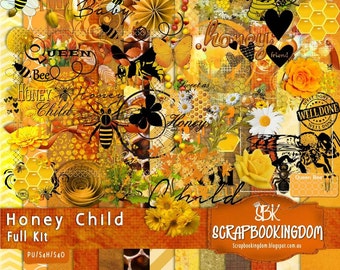 Könnte beinhalten: Ein digitales Scrapbooking-Kit mit einem Honigbienen-Thema. Das Kit enthält eine Vielzahl von Bildern, Papieren und Elementen in den Farben Gelb, Orange und Braun. Der Text "Honey Child Full Kit" ist im Bild sichtbar.
