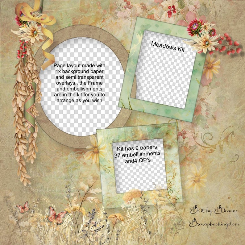 MEADOWS digital scrapbook kit plus 4 QPs .lovely semi casual paper and embies and loads of word art quotes . Earthy colors of nature image 7