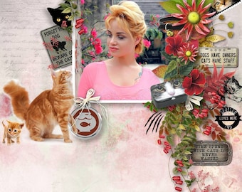 Digital Scrapbook kit for Pets, Cat theme - Kitty cat Kit embellishments , Papers cute furry friends, Realistic cats, flowers and foliage