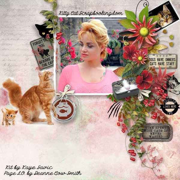 Digital Scrapbook kit for Pets, Cat theme - Kitty cat Kit embellishments , Papers cute furry friends, Realistic cats, flowers and foliage