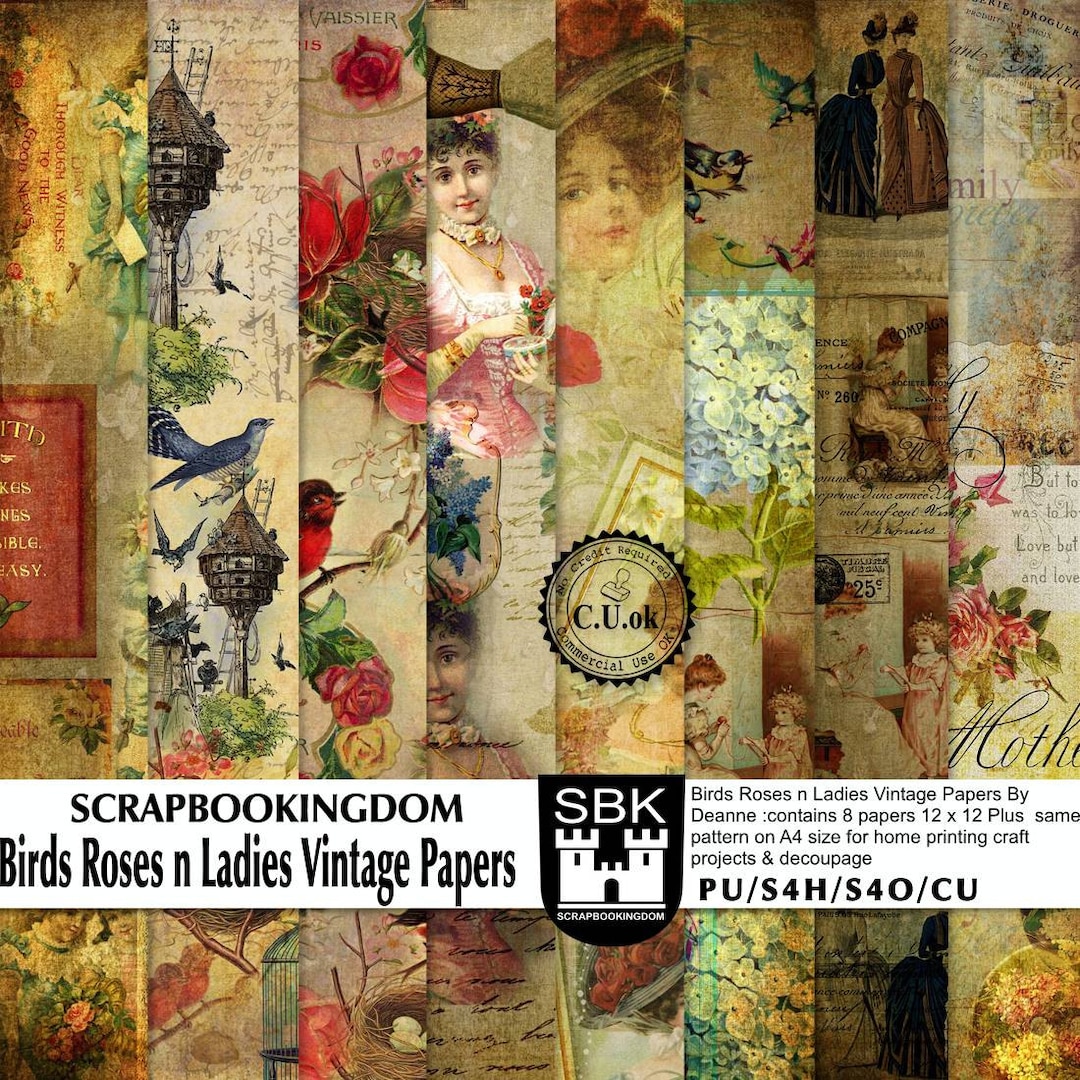 Scrapbook Paper Pack Birds Roses N Ladies Vintage Papers PU/CU OK - 2 ...