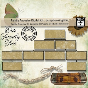 May include: A digital scrapbook kit for family history. The image shows a family tree layout with 29 papers and 56 embellishments. Includes a butterfly, a wooden chest, and the text "Family Ancestry Digital Kit" and "Our Family Tree."