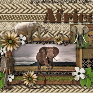 May include: A collage featuring images of elephants in a savanna setting. The collage is decorated with brown and white patterned paper, flowers, and the word "Africa" in brown letters. The text "Majestic" is also included in the collage.