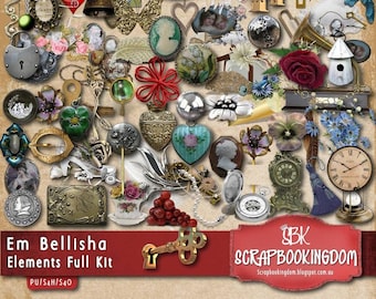 Scrapbook Embellishments. 69 digital embies in the  Pack "EM BELLISHA"  embellish scrapbook page layouts, Cameos,chains, ornaments, clock,