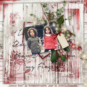 Op de afbeelding: Een digitale scrapbookpagina met een witte houten achtergrond en rode bloemmotieven. De pagina bevat een foto van twee kinderen, een meisje en een jongen, die voor een groene struik staan. De tekst "I'd rather be a rose than a diamond on my finger" staat op de pagina.