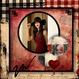 Puede incluir: Diseño de página de scrapbook con una mujer con un vestido rojo y un sombrero negro enmarcada en un círculo. El fondo es una mezcla de texturas rojas, negras y blancas con el texto: "Page layout made with 1x background paper and the Frame and embellishments are in the kit for you to arrange as you wish."