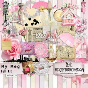 Stunning pink Roses Digital Scrapbook Kit: MY MEG 38 embellishments 20 paper ,lace,clocks,feminine soft andquaint dress forms