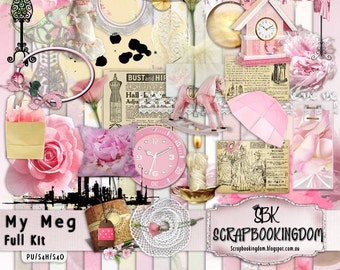 Stunning pink Roses Digital Scrapbook Kit: MY MEG 38 embellishments 20 paper ,lace,clocks,feminine soft andquaint dress forms