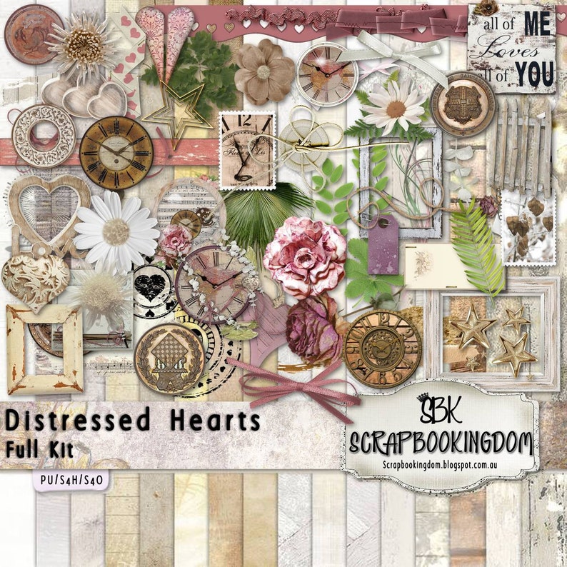 Romantic Love Scrapbook Kit DISTRESSED HEARTS ,hearts,flowers,foliage,clocks, ribbons, buttons, frames, Wedding Scrapbook or Engagement image 2