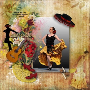 ESPAÑA Kit de álbum de recortes: Tema español Andelusion, Barcelona, Gaudí, Falmenco, guitarra, Arte de palabras Caso Doble, siluetas de bailarinas españolas