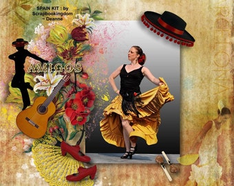 SPAIN Scrapbook kit : Spanish theme Andelusion, Barcelona, Gaudi, Falmenco,guitar, Caso Doble word art, spanish dancer silhouettes