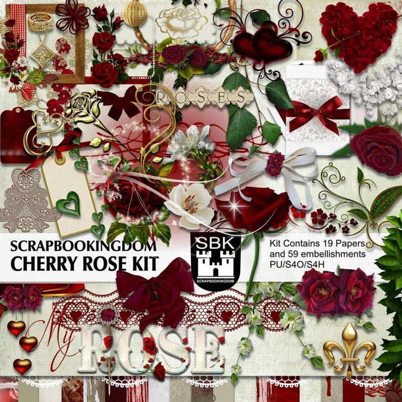 Op de afbeelding: Een digitale scrapbookingkit met een kersenroos-thema. De kit bevat 19 papieren en 59 versieringen. De kit bevat een verscheidenheid aan rode, witte en groene rozen, harten, strikken en andere versieringen. De tekst "Scrapbookingdom Cherry Rose Kit" en "SBK Kit Contains 19 Papers and 59 embellishments PU/S4O/S4H" is zichtbaar in de afbeelding.
