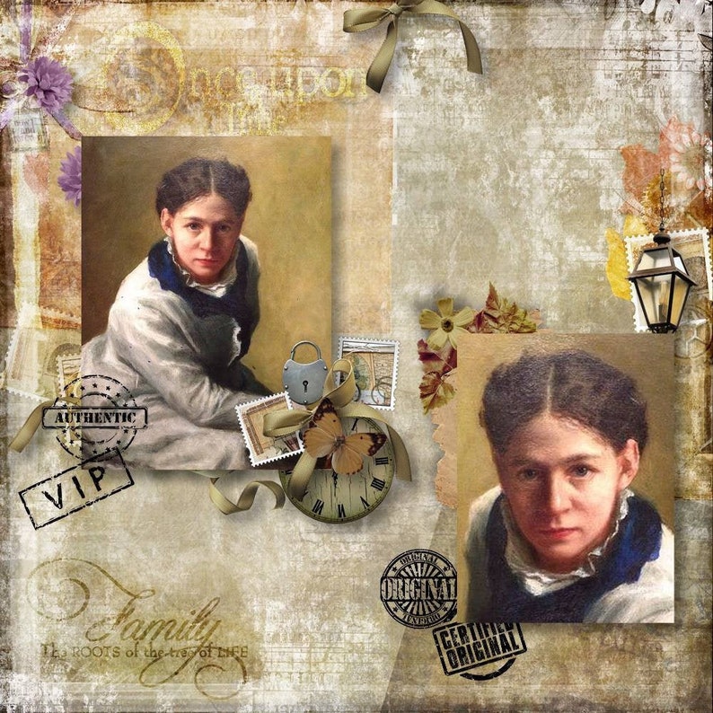 May include: A vintage scrapbook page with two portraits of a woman. The page features stamps, a clock, a lock, and the words "Authentic", "VIP", "Family", "Original", and "Certified Original". The color scheme includes beige, brown, and blue accents.