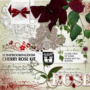 Op de afbeelding: Een digitale scrapbookingkit met een kersroos-thema. De kit bevat verschillende elementen, zoals een rode strik, een kantontwerp, een roos met groene bladeren en de tekst "Scrapbookingdom Cherry Rose Kit".