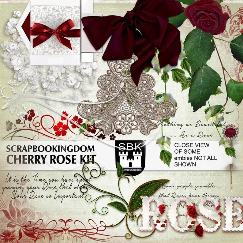 Op de afbeelding: Een digitale scrapbookingkit met een kersroos-thema. De kit bevat verschillende elementen, zoals een rode strik, een kantontwerp, een roos met groene bladeren en de tekst "Scrapbookingdom Cherry Rose Kit".