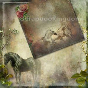 May include: A vintage-style image with a black horse in the foreground and two white horses in the background. The image has a faded, textured look and includes floral accents.