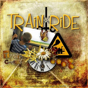 May include: A yellow and black train crossing sign with a train illustration. The sign is surrounded by yellow flowers, a clock face, and a child looking out of a train window. The text "Train Ride" is written in yellow letters on a yellow background.