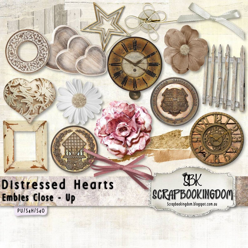 Romantic Love Scrapbook Kit DISTRESSED HEARTS ,hearts,flowers,foliage,clocks, ribbons, buttons, frames, Wedding Scrapbook or Engagement image 5