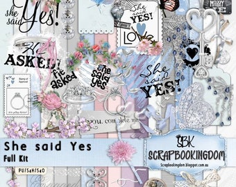 Engagement Digital Scrapbook Kit, marriage Proposal : also suits wedding scrapbook  He asked she said Yes! engagement ring, romance hearts