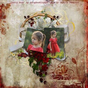 Op de afbeelding: Een digitale scrapbookpagina met de titel "Cherry Rose" door Scrapbookingdom, pagina van Jarmila Fiserova. De pagina toont een foto van een jong meisje in een rode jurk, omringd door bloemen en een decoratieve bamboecircel.