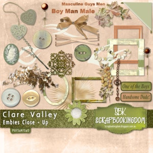 Scrapbook Kit Masculine and Feminine embellishments CLARE VALLEY , full digital scrapbooking kit foliage, jewelery, frames, buttons, books image 4