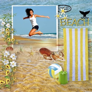 BEACH SCENE summer time and water fun in the sand and on the beach. Lots of CLIPART with all seaside theme, shells,fish,sandcastles ,towels