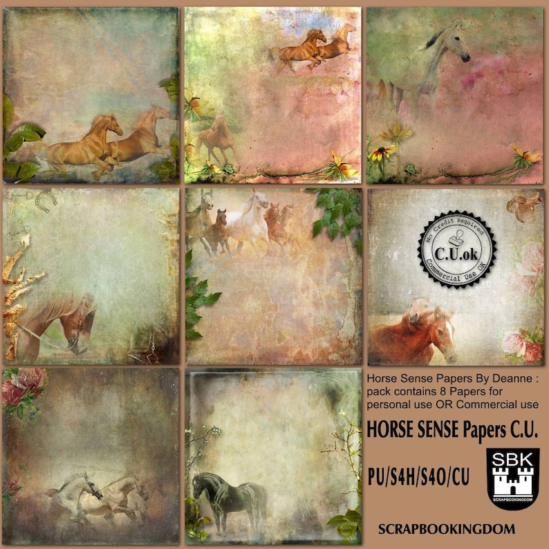 May include: A set of eight digital papers featuring horses in various poses and colors. The papers have a vintage, distressed look with a faded background. The papers are perfect for scrapbooking, card making, and other paper crafts.