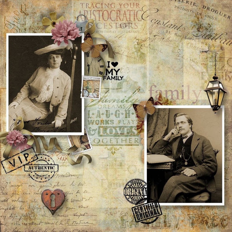 May include: A vintage scrapbook design with sepia photographs, stamps, and embellishments. Includes a woman in a hat and a man in a suit. Text includes: "Tracing Your Ancestors" and "I Love My Family."