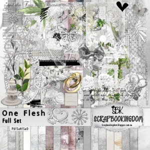 Kit de mariage numérique Scrapbooking, fiançailles, anniversaire - kit One Flesh, tulle de mariée, embellissements, papiers anneaux de mariage cadres dentelle