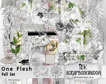Digital Scrapbook Wedding Kit, engagement, anniversary - One Flesh kit ,Bridal tulle ,embellishments,Papers wedding rings frames lace