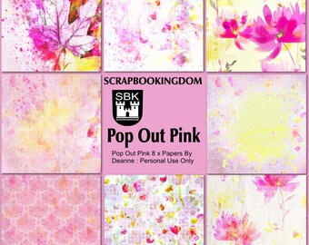 Pop Out Pink Digital scrapbook Papers - Pack of 8 Beautiful bright colors and patterns
